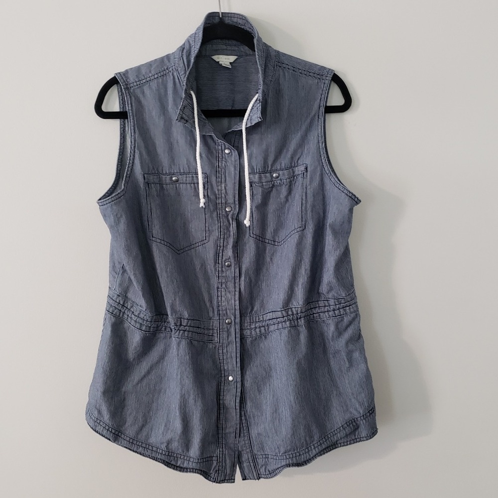 EST 1948 Coastal Sleeveless Pin Stripe Vest LARGE Nautical Cinch Waist Layer‎